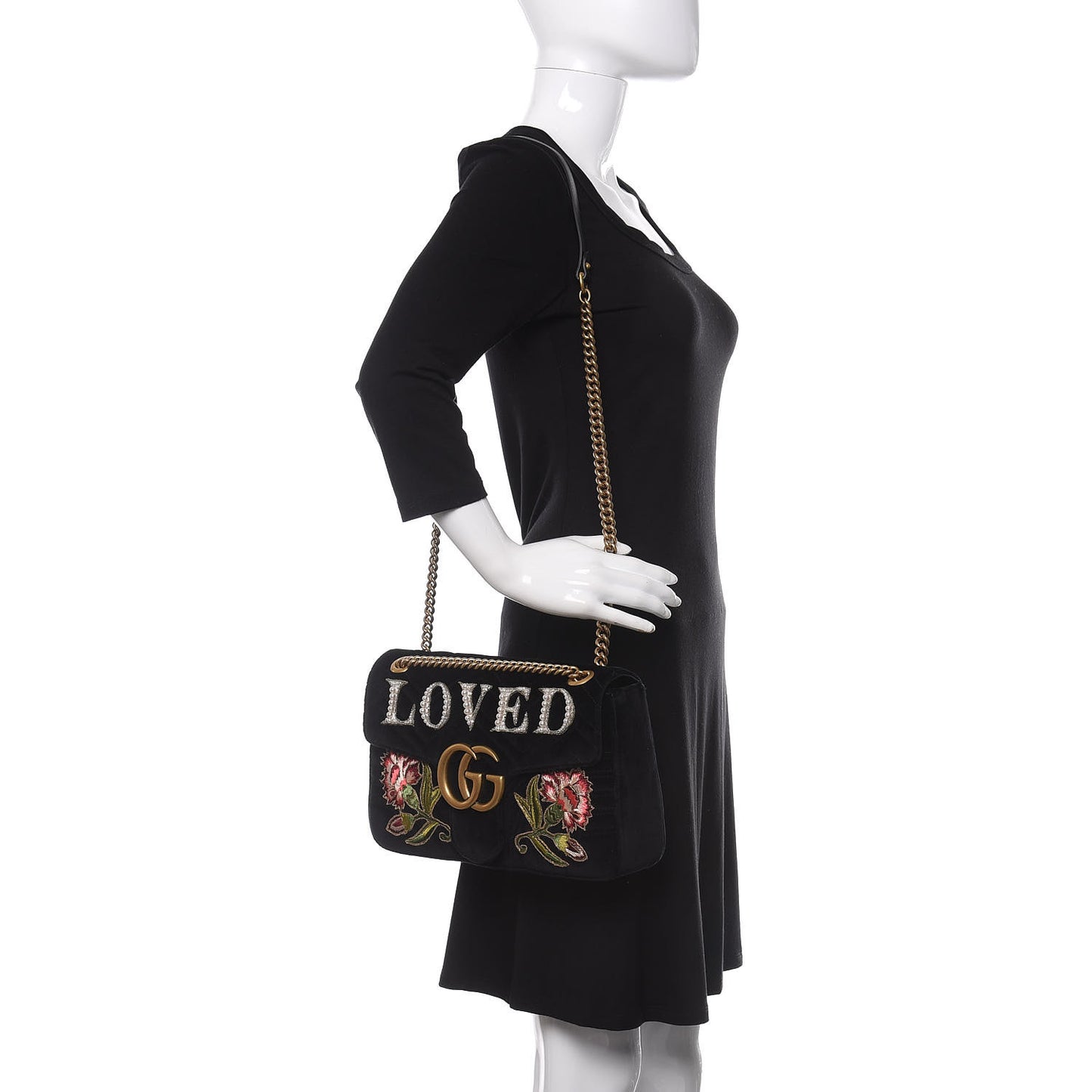 Velvet Matelasse Loved Embroidered Medium GG Marmont Shoulder Bag Black