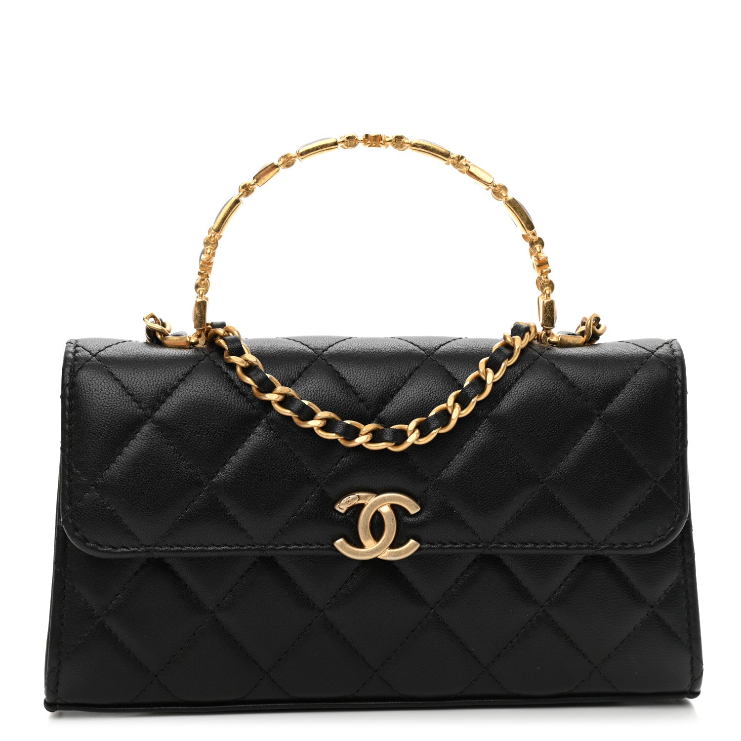 Chanel Lambskin Enamel Quilted Top Handle Flap Phone Holder With Chain Black 1 of 9