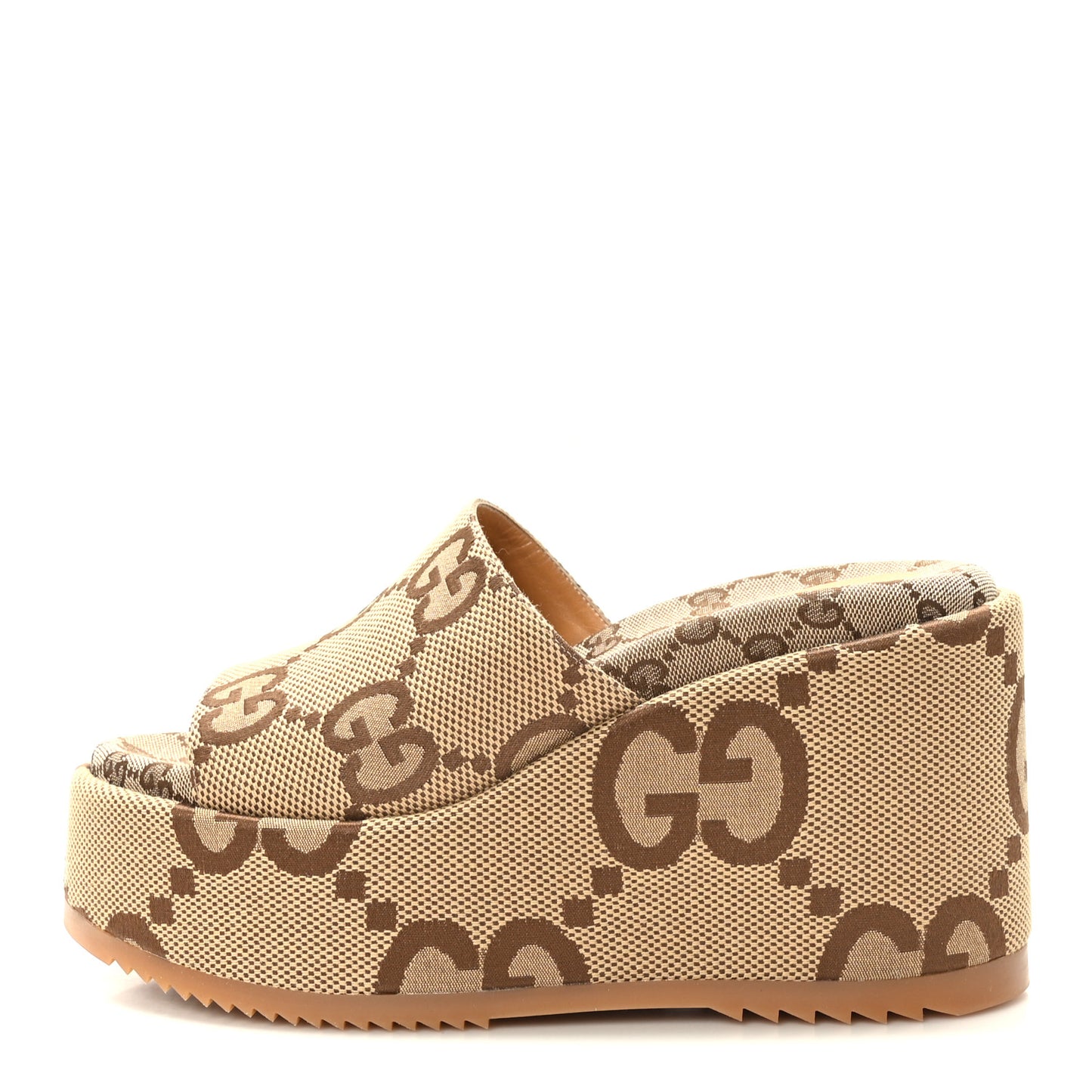 Monogram Jumbo GG Platform Slide Wedge Sandals 40.5 Camel Ebony