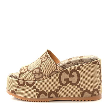 Gucci Monogram Jumbo GG Platform Slide Wedge Sandals 40.5 Camel Ebony 1 of 8