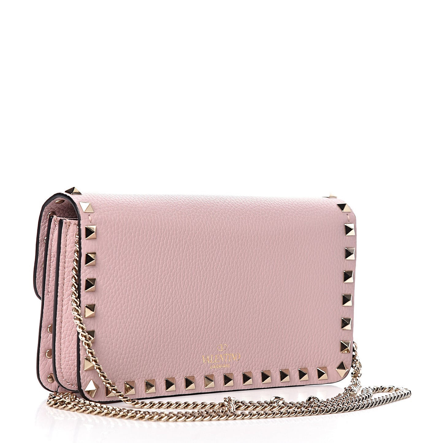 Pebbled Calfskin Rockstud Flap Wallet On Chain Poudre