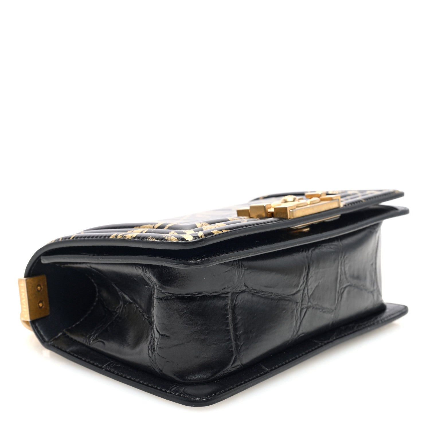 Chanel Calfskin Crocodile Embossed Graffiti Cocodile Small Boy Flap Black Gold 4 of 10