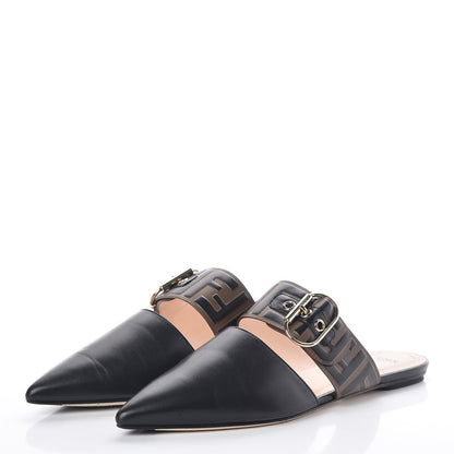 Fendi Vitello FF Embossed Buckle Flat Mules 38.5 Maya Black 3 of 10