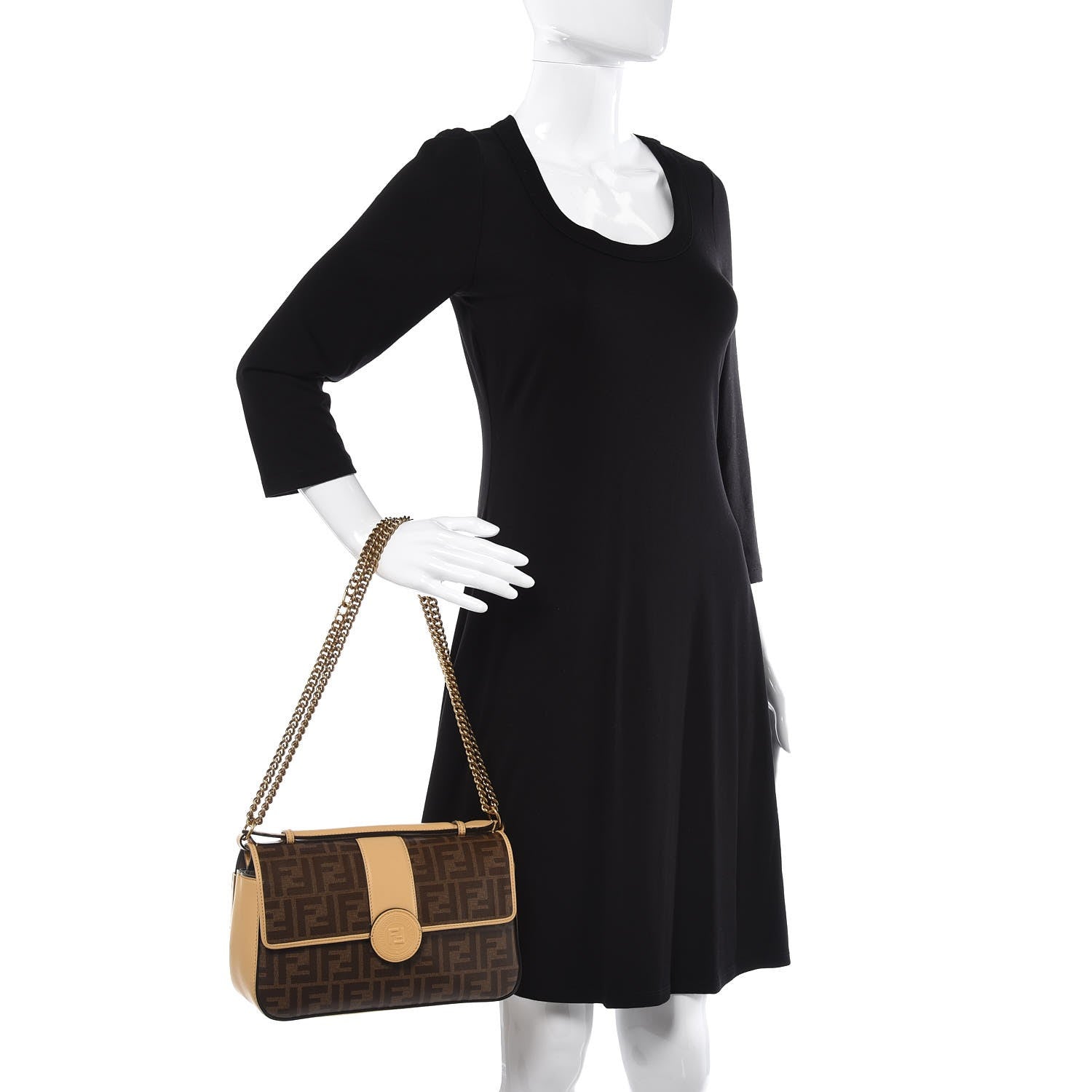 Fendi Vitello Grace Glazed Fabric FF 1974 Double F Shoulder Bag Alchemy Mogano Panna 2 of 10