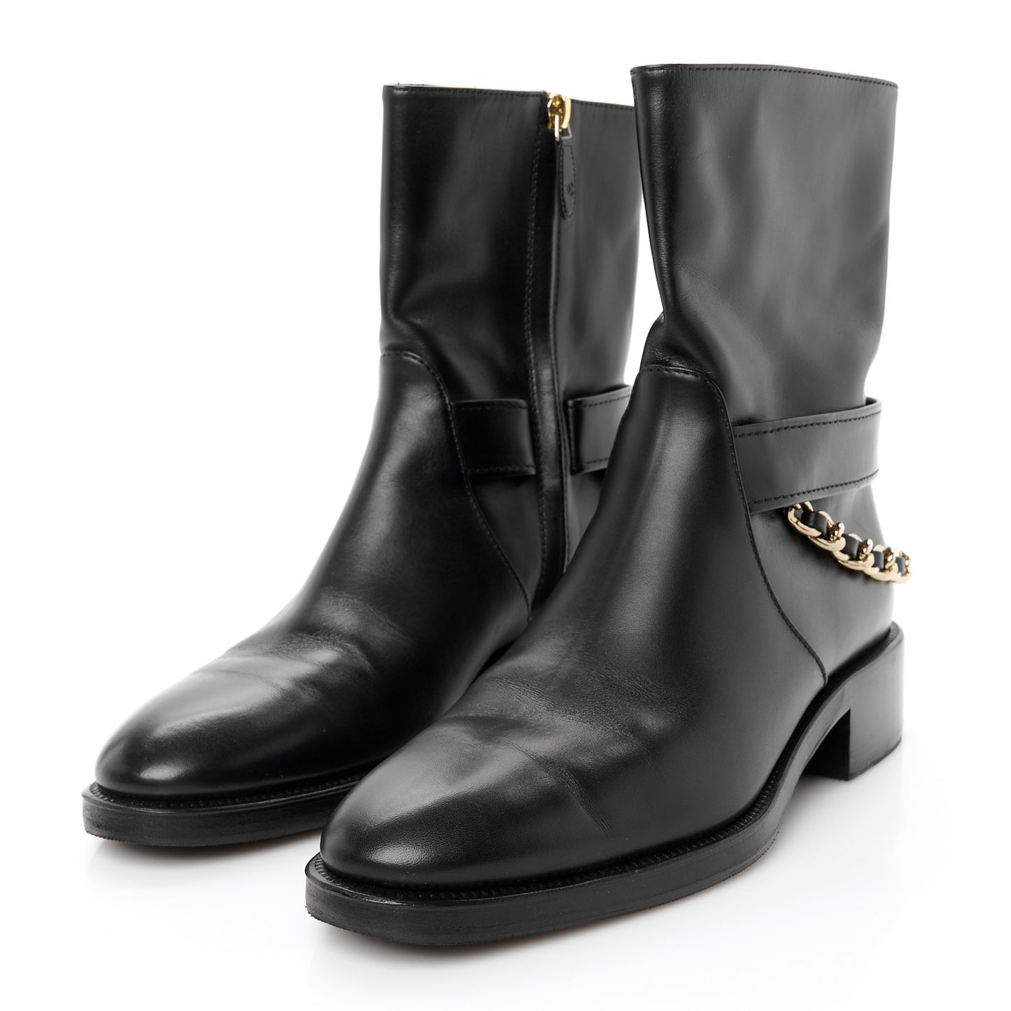Calfskin Chain Short Boots 40 Black