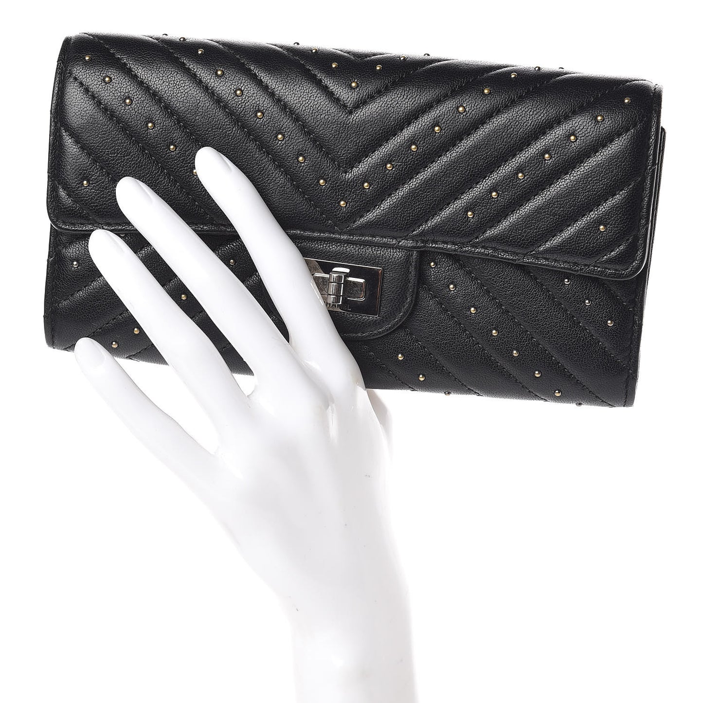 Sheepskin Chevron Quilted Studded Reissue Flap Wallet Black