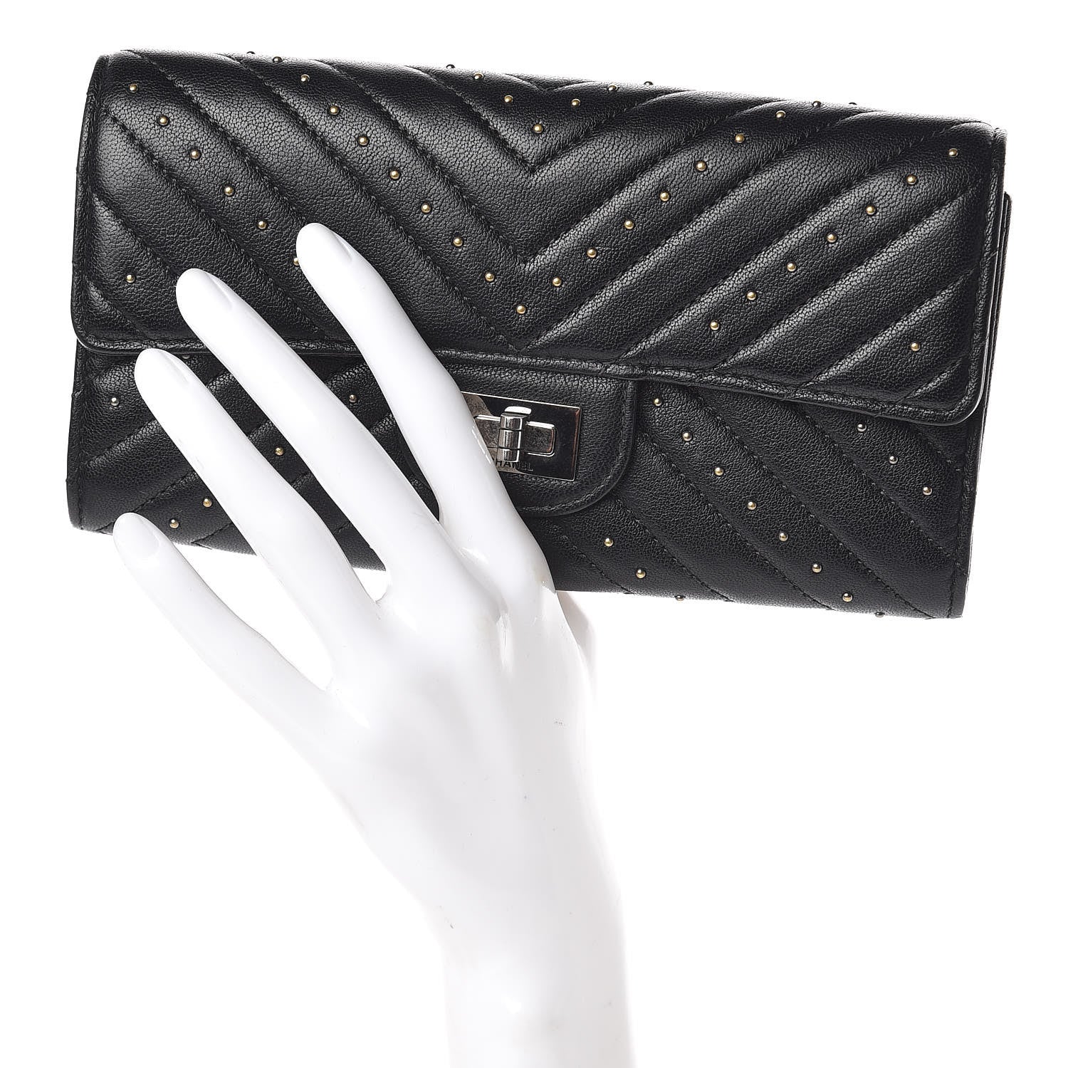 Chanel Sheepskin Chevron Quilted Studded Reissue Flap Wallet Black 2 of 9