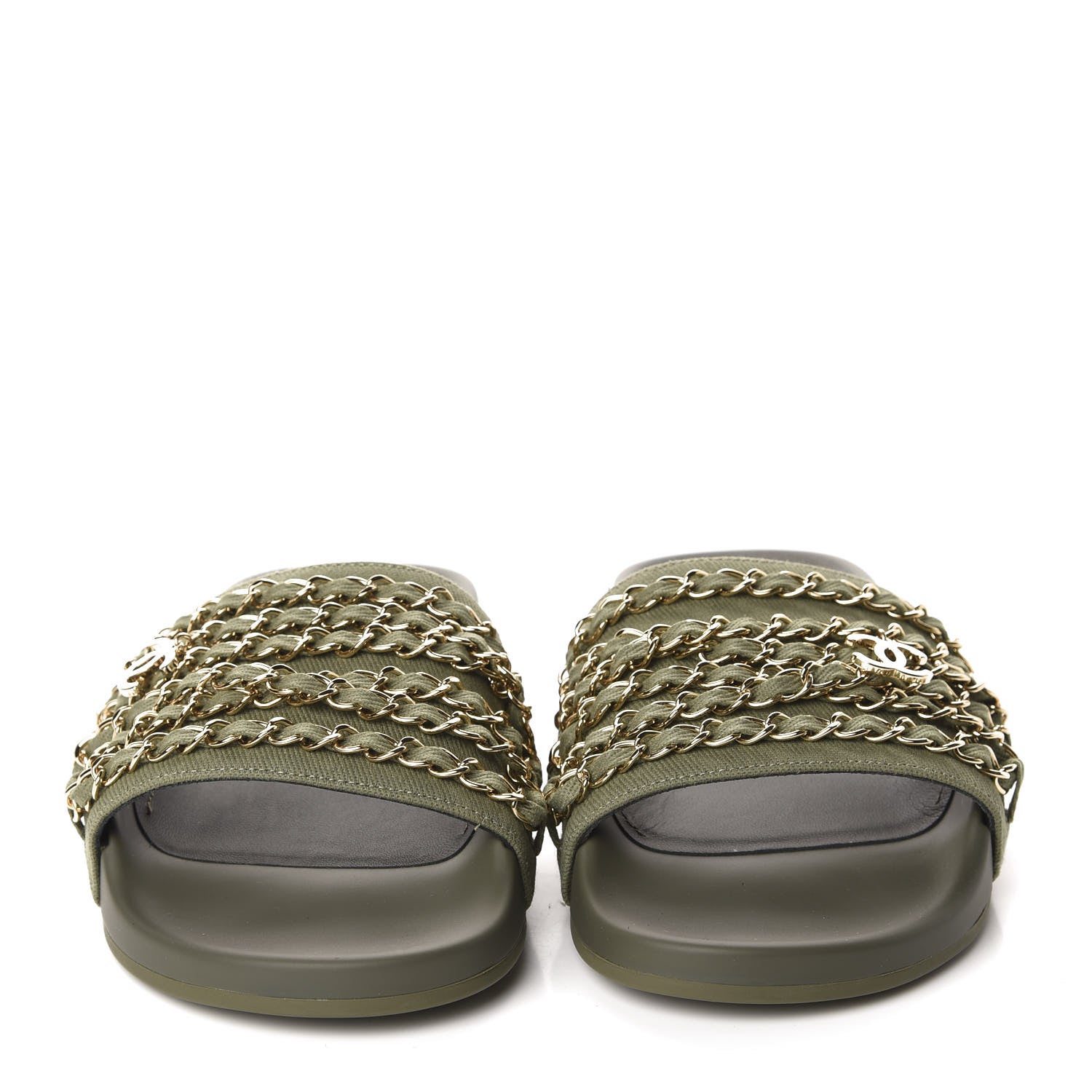 Chanel Canvas Chain Flat Sandals 38 Khaki 2 of 10