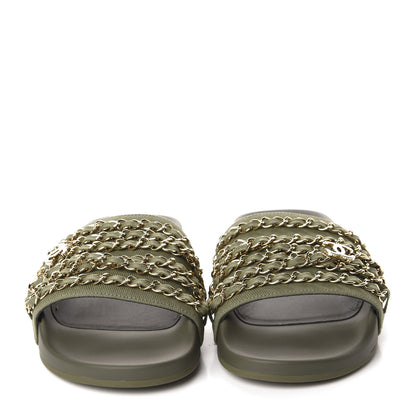 Chanel Canvas Chain Flat Sandals 38 Khaki 2 of 10