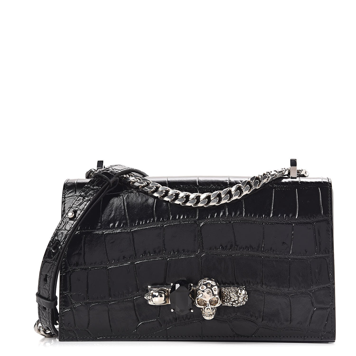 Alexander McQueen Calfskin Crocodile Embossed Knuckle Shoulder Bag Black 1 of 10