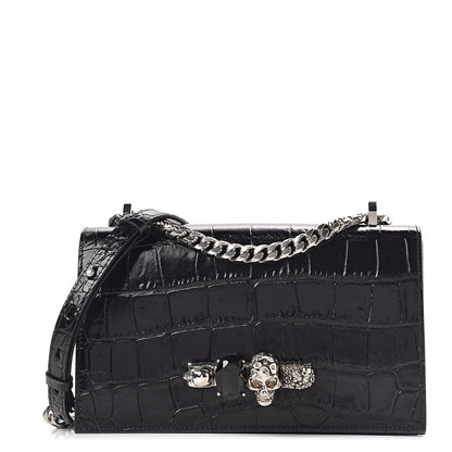 Alexander McQueen Calfskin Crocodile Embossed Knuckle Shoulder Bag Black 1 of 10