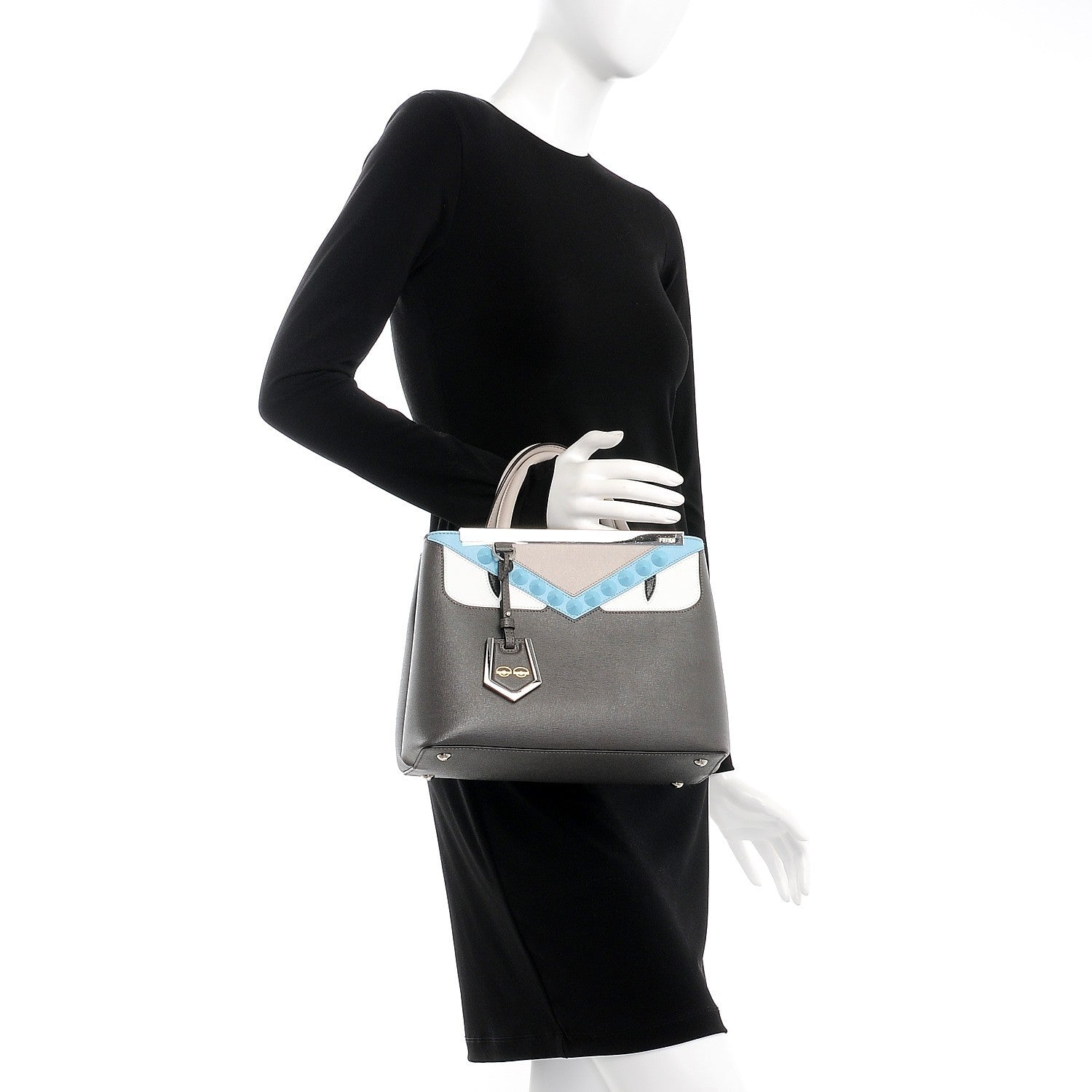 Fendi Vitello Elite Monster Eyes Studded Petite 2Jours Tote Carbone White Multicolor 3 of 8