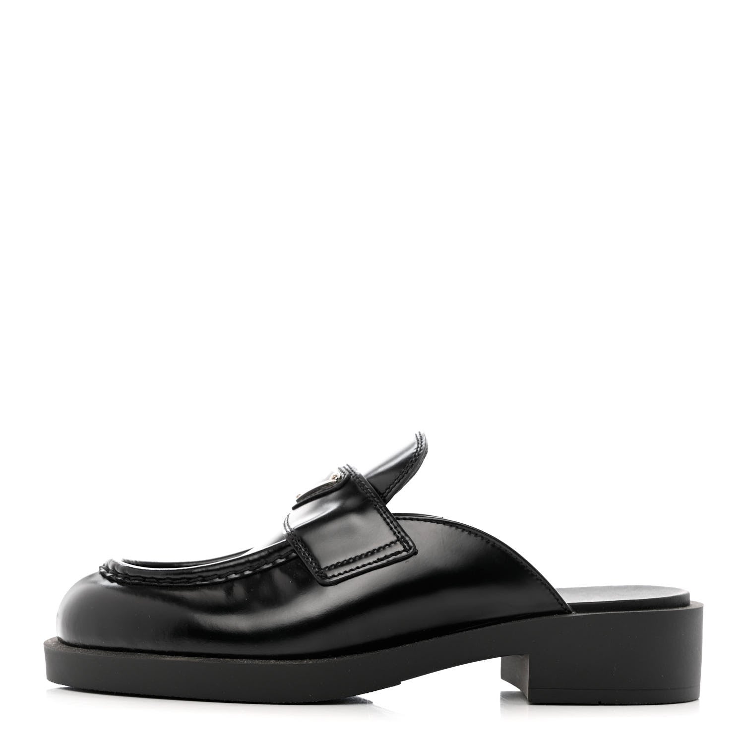 Prada Spazzolato Triangle 40mm Loafer Mules 37.5 Black 1 of 10
