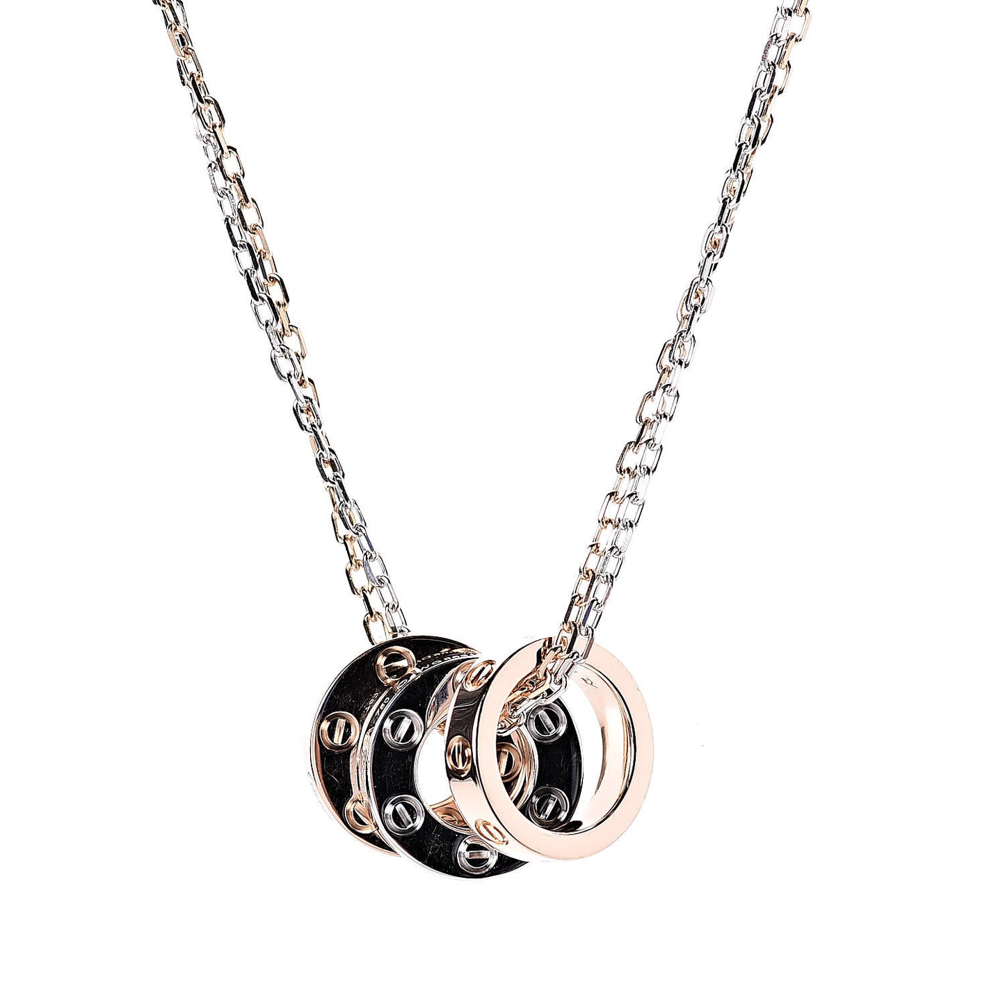 18K White Pink Gold Diamond Three Ring LOVE Pendant Necklace