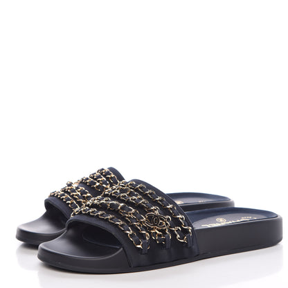 Chanel Satin Chain Flat Sandals 38 Marine 3 of 10