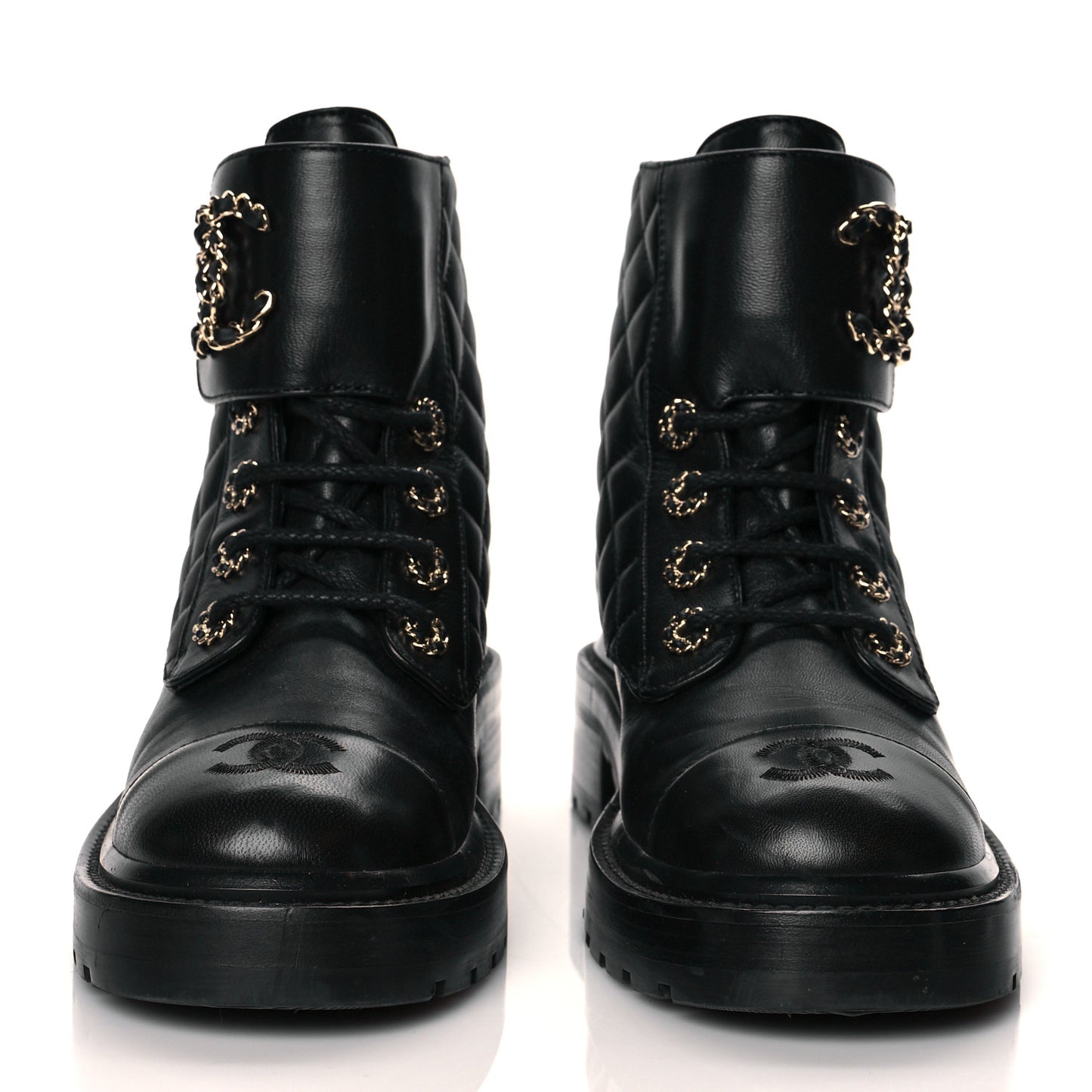 Shiny Lambskin Quilted Lace Up Combat Boots 36.5 Black