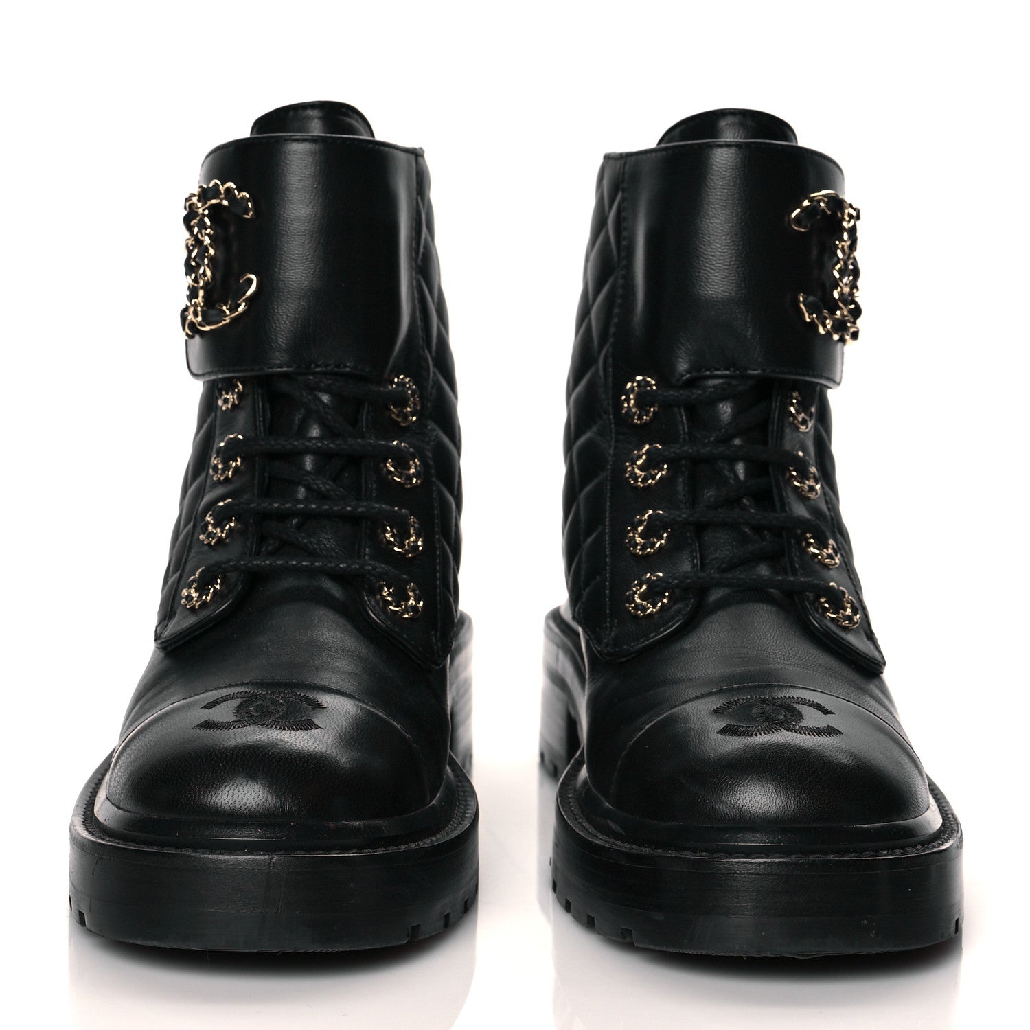 Chanel Shiny Lambskin Quilted Lace Up Combat Boots 36.5 Black 2 of 11