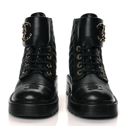 Chanel Shiny Lambskin Quilted Lace Up Combat Boots 36.5 Black 2 of 11