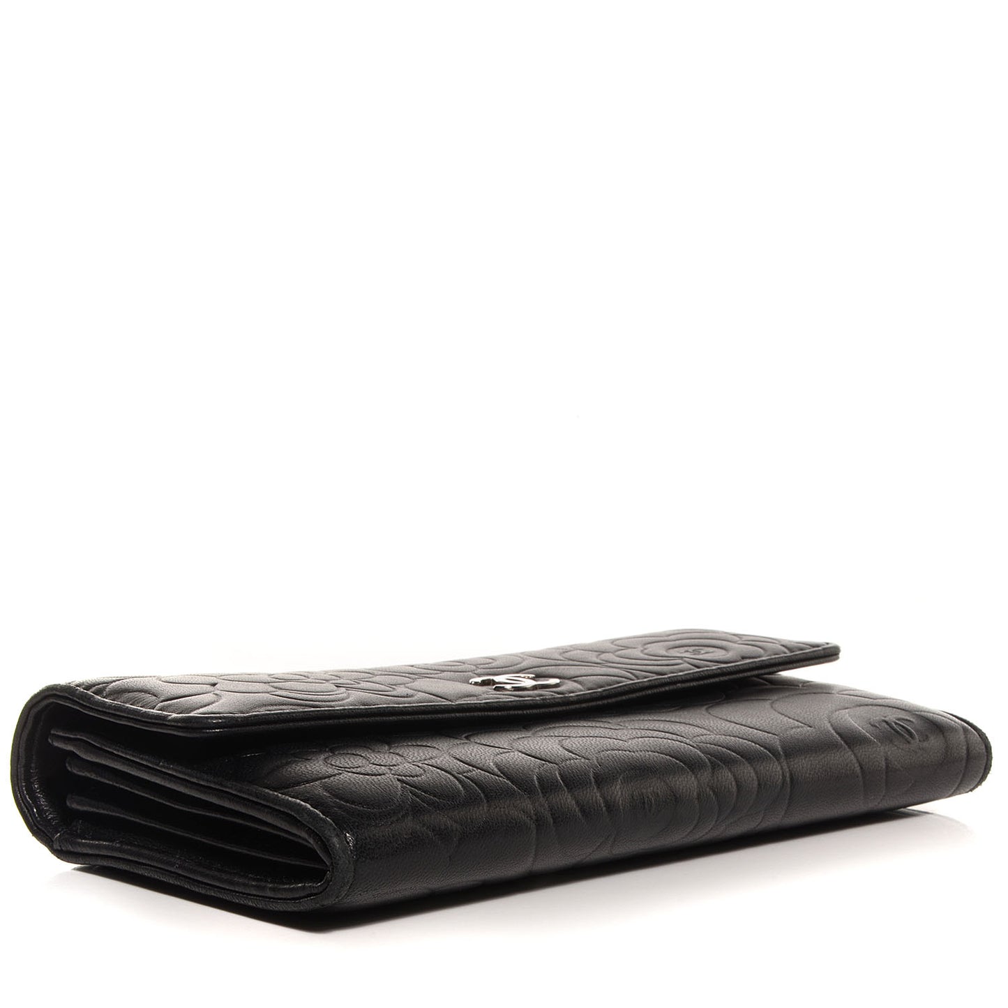 Lambskin Embossed Camellia Large Gusset Flap Wallet Black