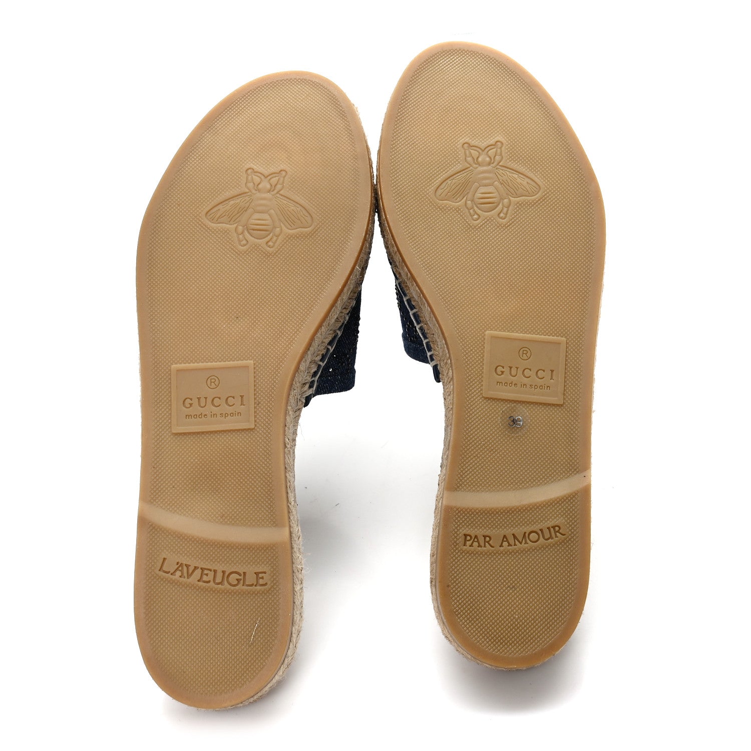 Gucci Denim Crystals GG Monogram Espadrille 20mm Slide Sandals 39
