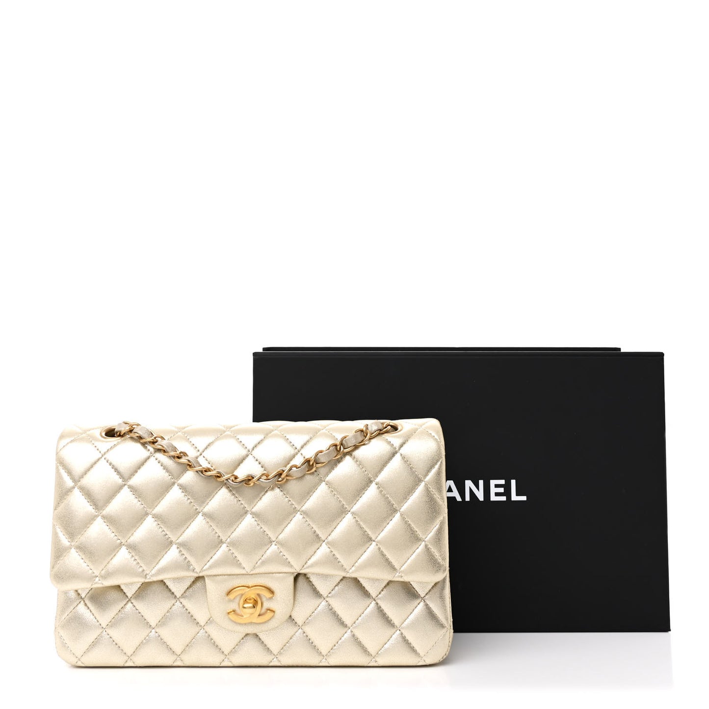 Metallic Lambskin Quilted Medium Double Flap Gold