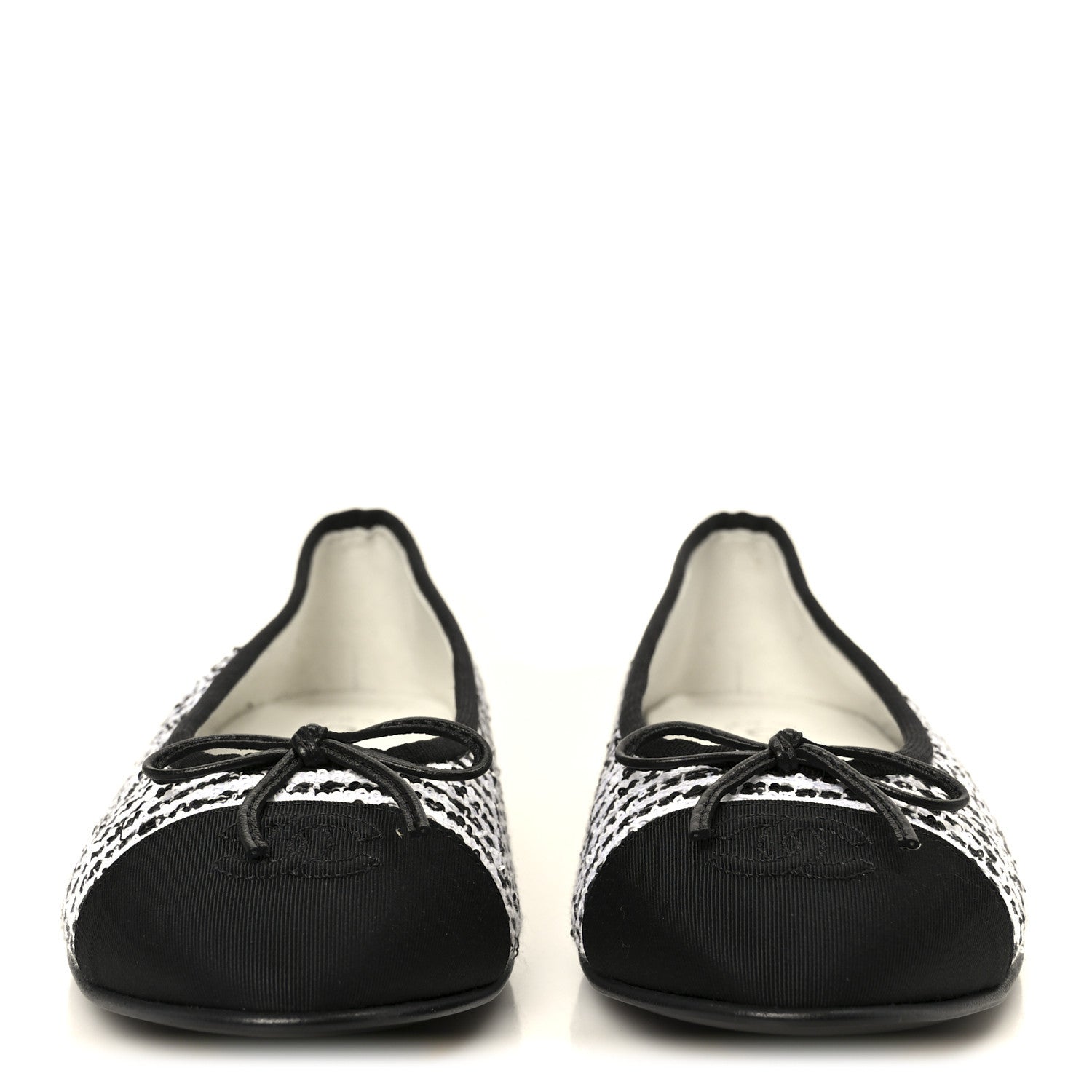 Chanel Tweed Sequin Grosgrain Cap Toe Ballerina Flats 39.5 Black White 3 of 10