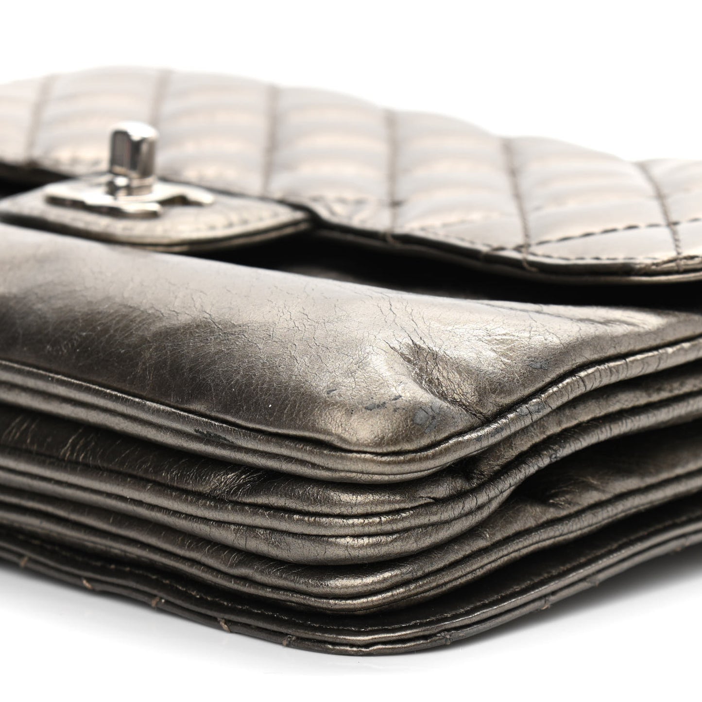 Metallic Crackled Calfskin Medium Clam's Pocket Flap Dark Silver