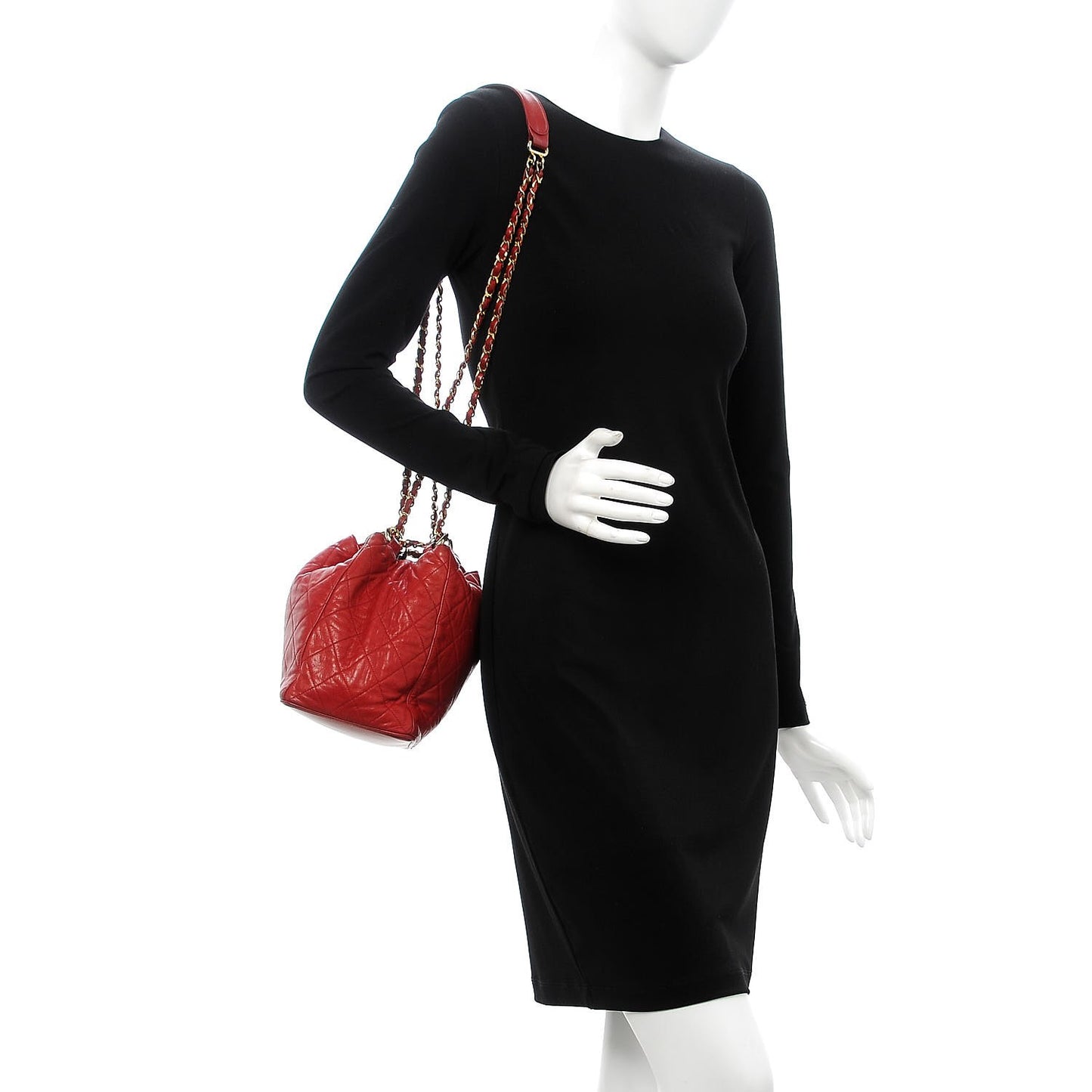 Lambskin Quilted Drawstring Bucket Bag Red