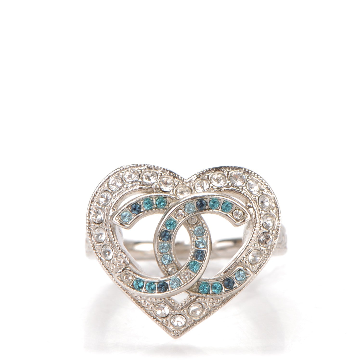 Chanel Crystal CC Heart Ring 7 Silver Blue 1 of 4