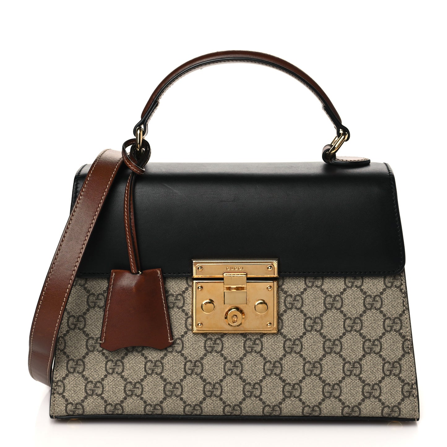 GG Supreme Monogram Calfskin Small Padlock Top Handle Bag Beige Black Cuir