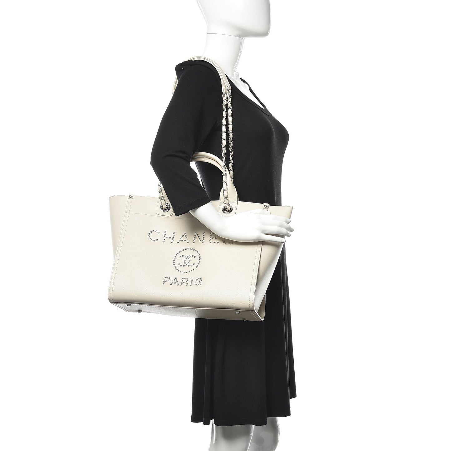 Caviar Small Studded Deauville Tote Ivory