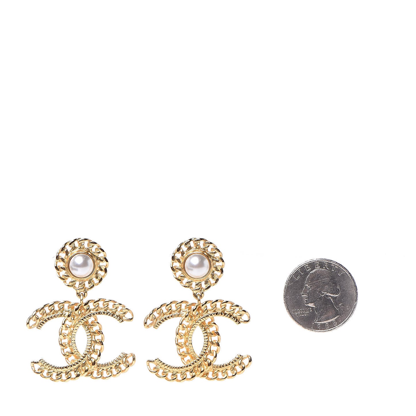 Metal Pearl CC Chain Drop Earrings Gold