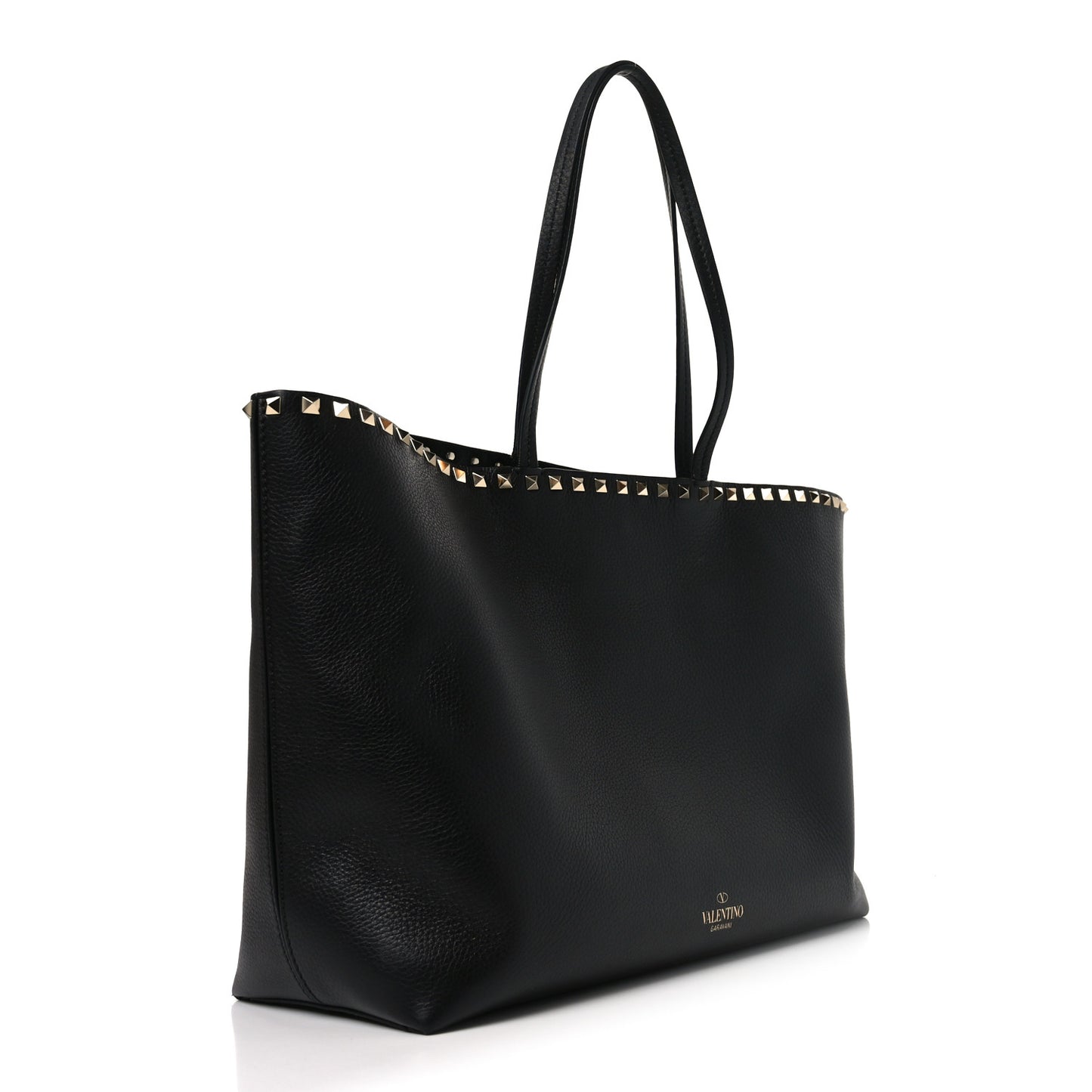Grained Calfskin Rockstud Shoulder Tote Black