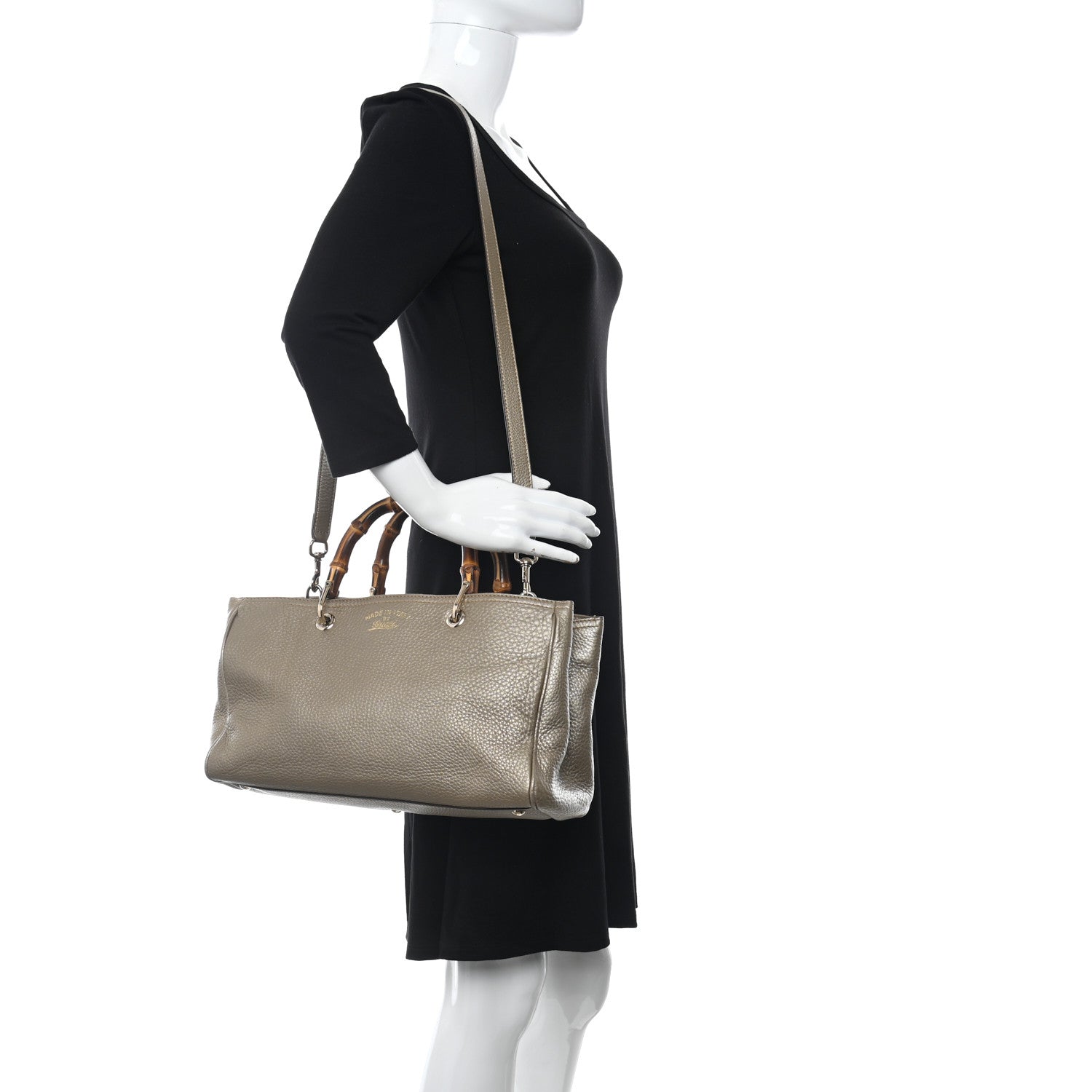 Gucci Metallic Pebbled Calfskin Medium Bamboo Shopper Tote Golden Beige 2 of 13