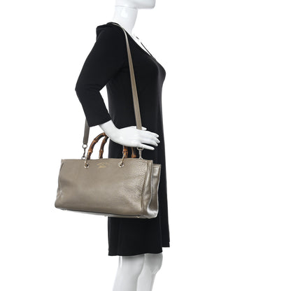 Gucci Metallic Pebbled Calfskin Medium Bamboo Shopper Tote Golden Beige 2 of 13
