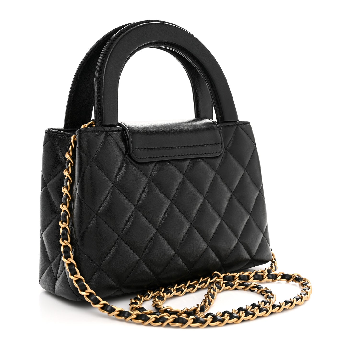 Shiny Aged Calfskin Quilted Nano Kelly Shopper Black