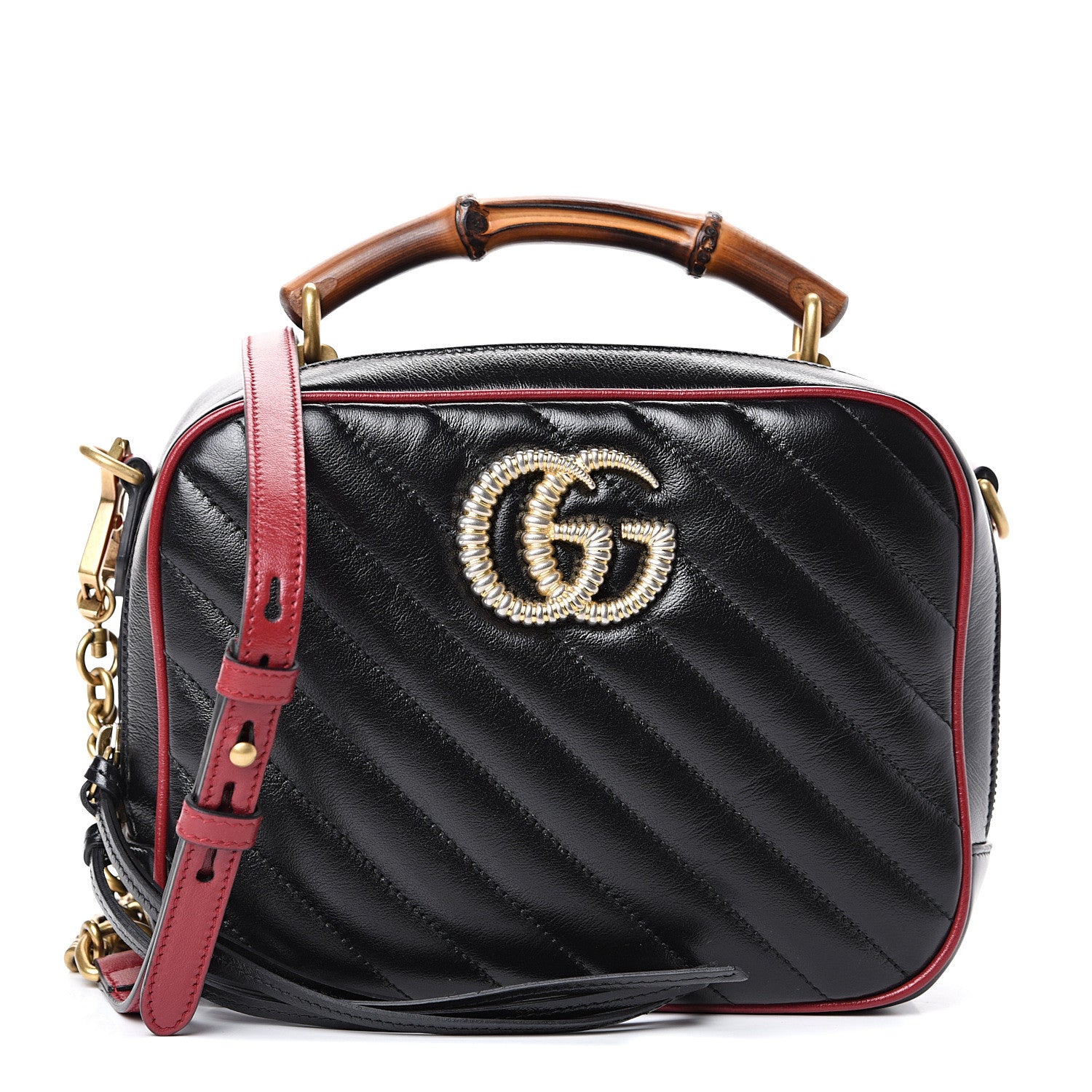 Gucci Vintage Effect Calfskin Matelasse Diagonal Small Torchon GG Marmont Bamboo Top Handle Shoulder Bag Black Romantic Cherry 1 of 12