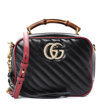 Gucci Vintage Effect Calfskin Matelasse Diagonal Small Torchon GG Marmont Bamboo Top Handle Shoulder Bag Black Romantic Cherry 1 of 12