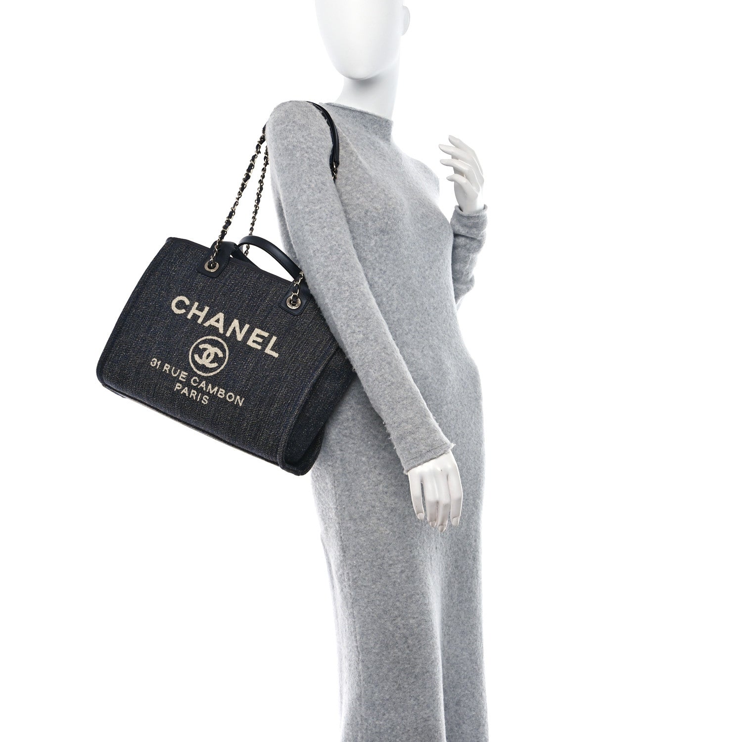 Chanel Denim Small Deauville Tote Dark Blue White 2 of 14