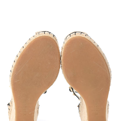 Valentino Garavani Grained Calfskin Rockstud Ankle Wrap Espadrille 15/85mm Wedges 36 Black Light Ivory 6 of 9