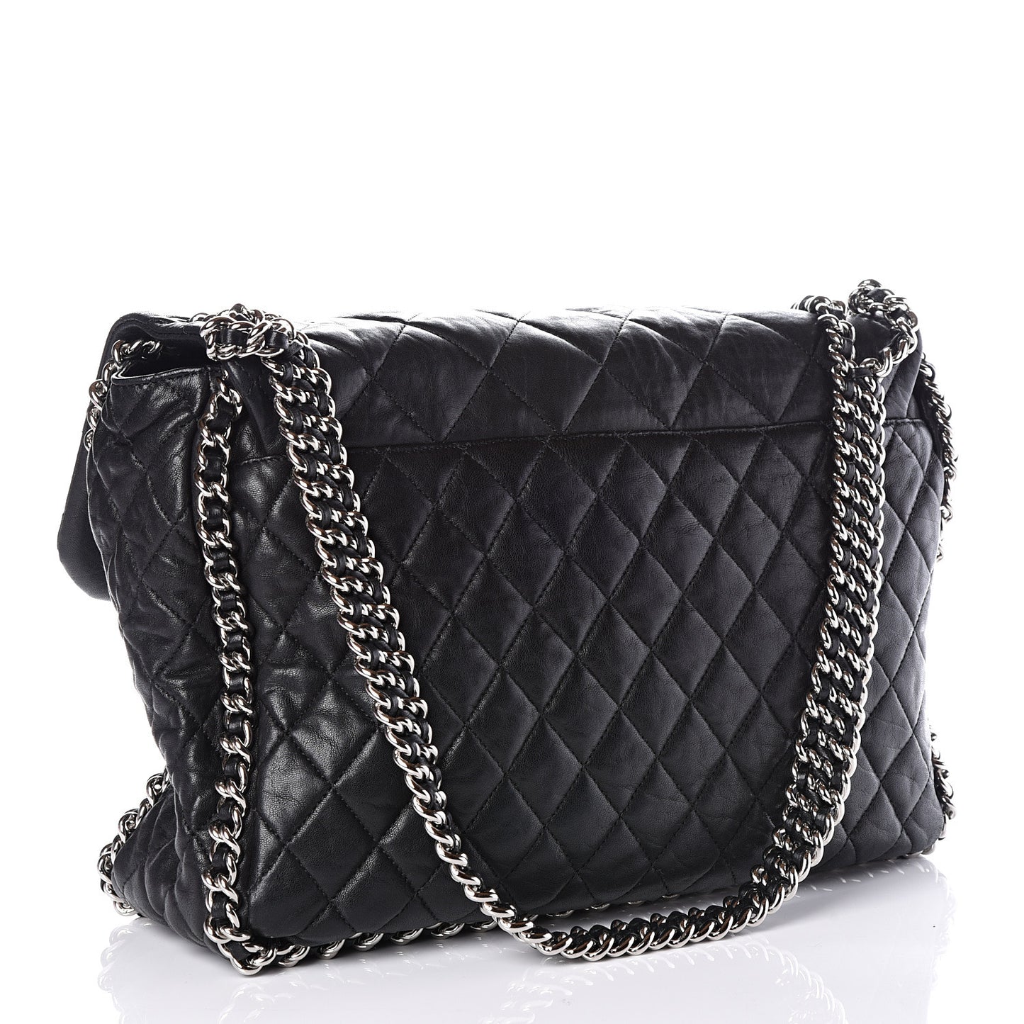 Washed Lambskin Quilted Maxi Chain Around Flap Black