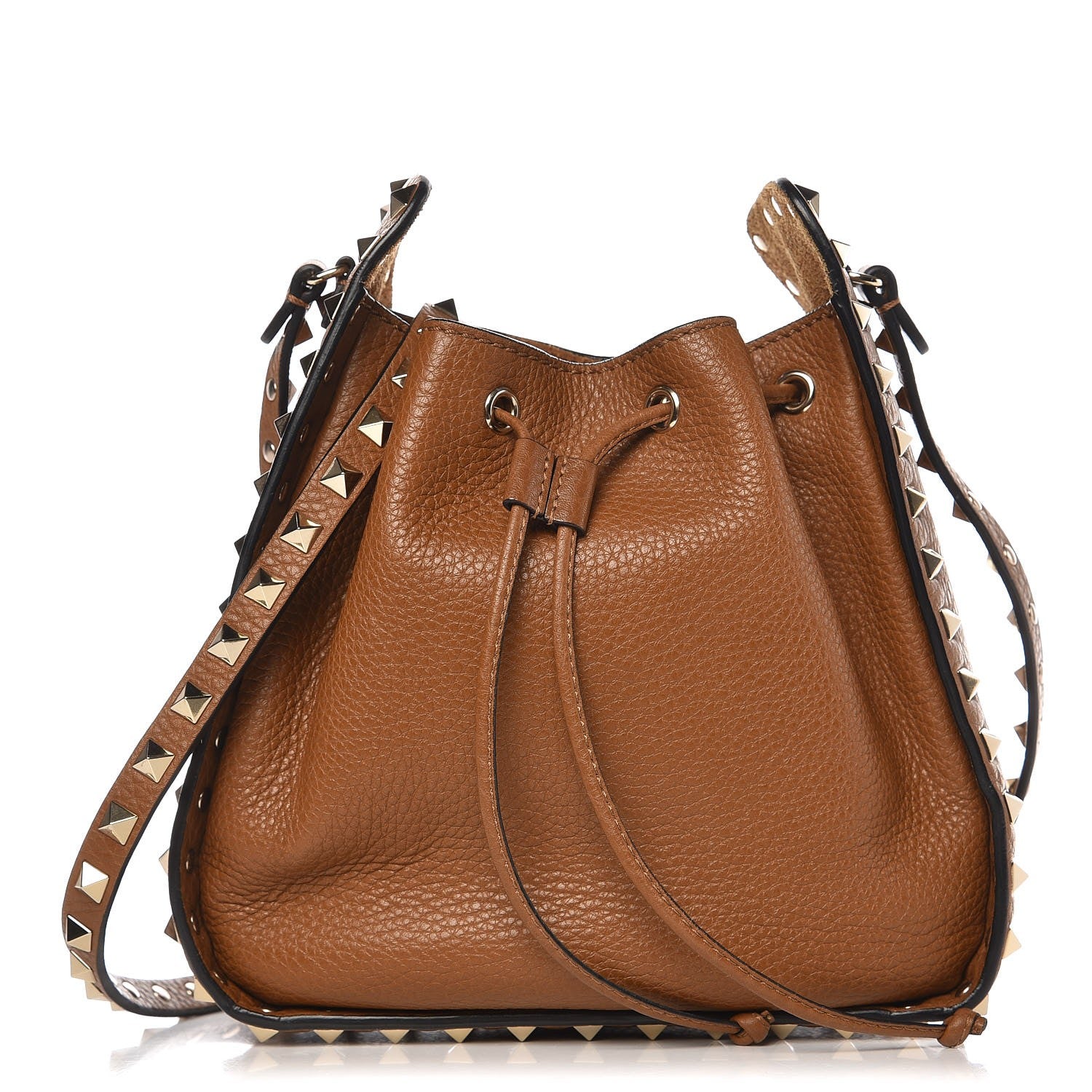 Valentino Garavani Grained Calfskin Rockstud Bucket Bag Bright Cognac 1 of 6