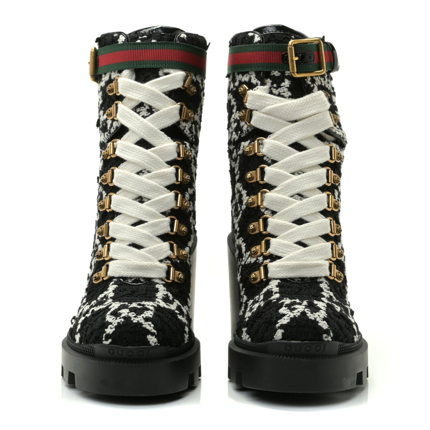 Tweed GG Monogram Lace Up Combat Ankle Boots 36 Black