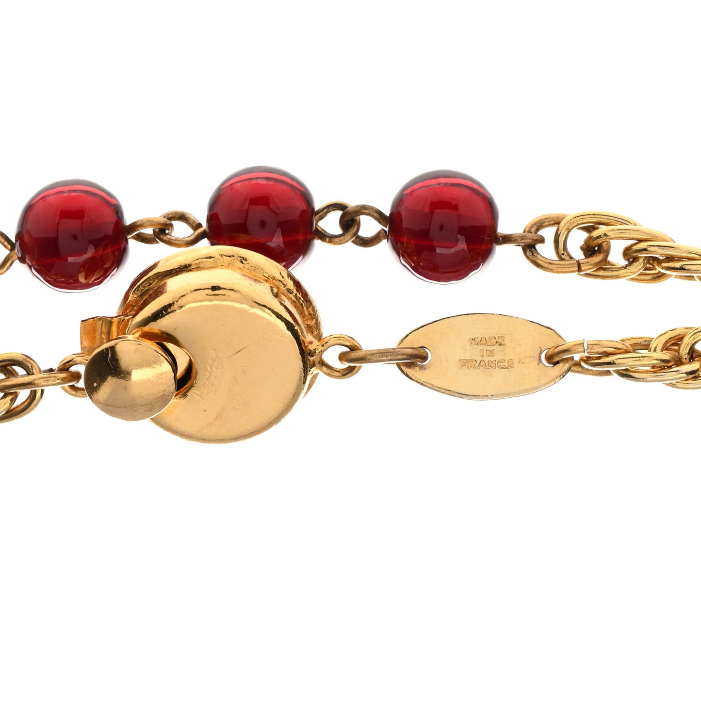 Beaded Pearl CC Long Strand Necklace Gold Red