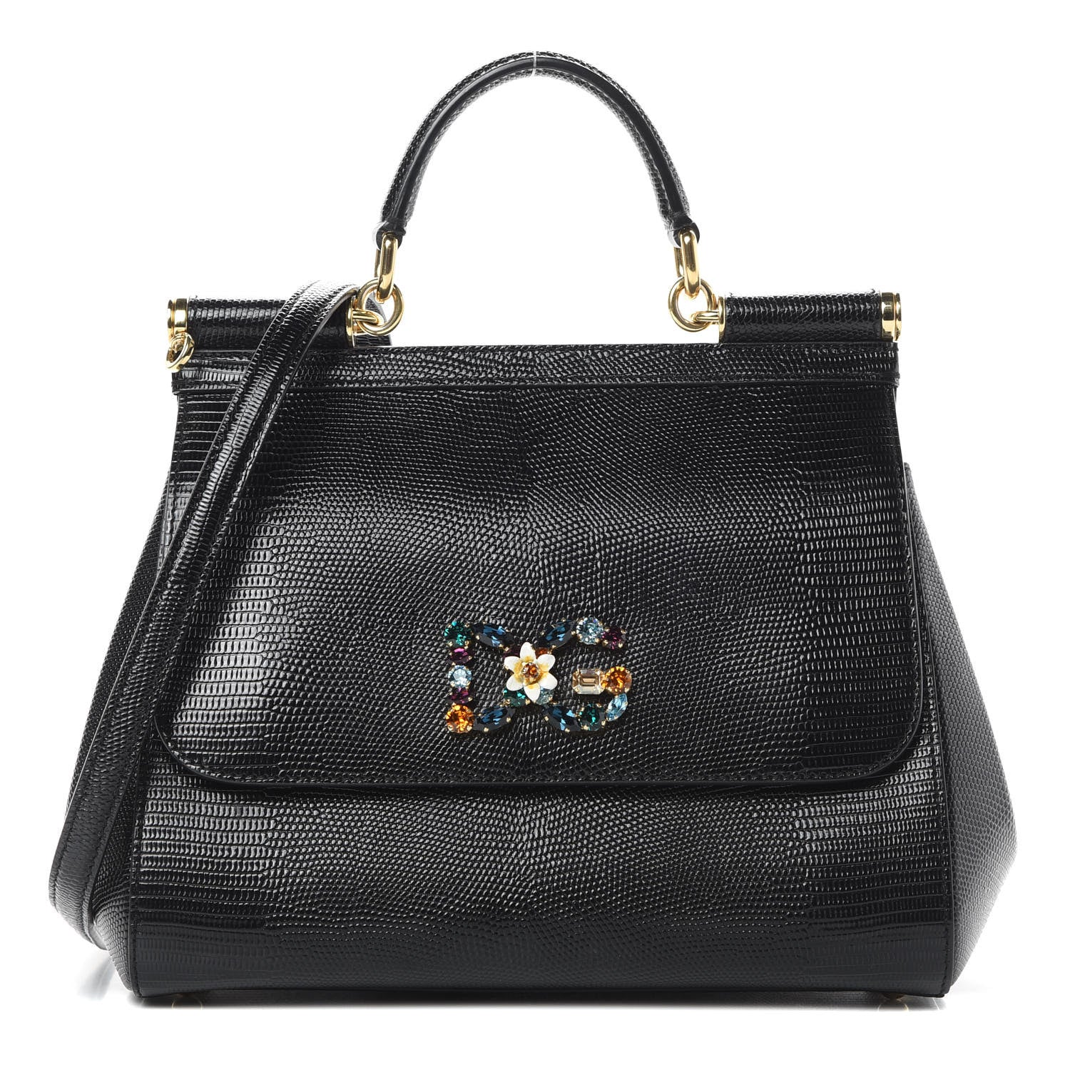 Dolce & Gabbana Stampa Iguana Crystal Medium Miss Sicily Satchel Black 1 of 9