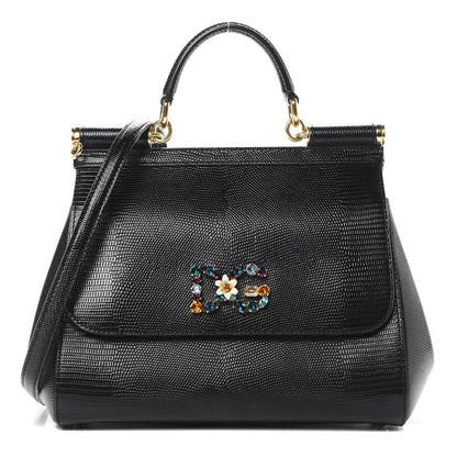 Dolce & Gabbana Stampa Iguana Crystal Medium Miss Sicily Satchel Black 1 of 9