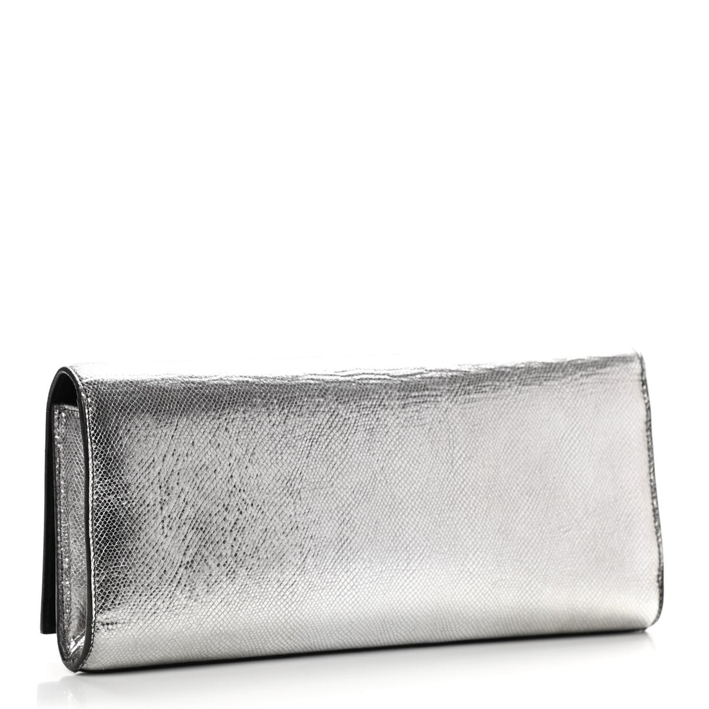 Metallic Calfskin Lizard Printed Lutetia Flap Clutch Silver
