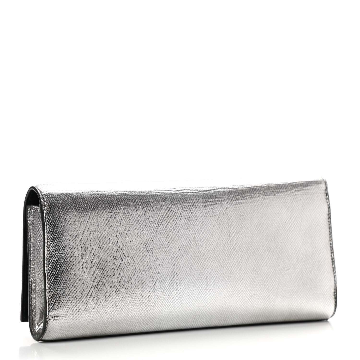Saint Laurent Metallic Calfskin Lizard Printed Lutetia Flap Clutch Silver 3 of 9