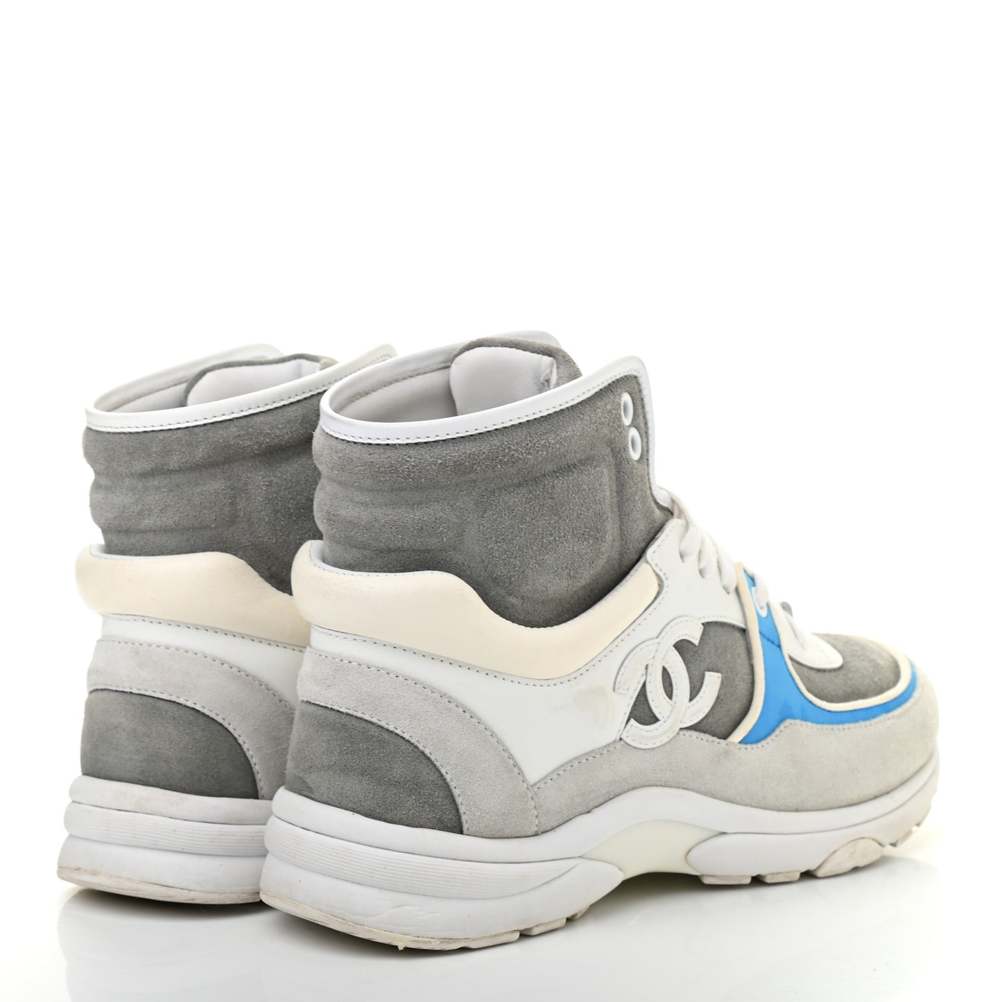 Suede Calfskin Lambskin High Top CC Sneakers 36 White Grey Fluo Blue