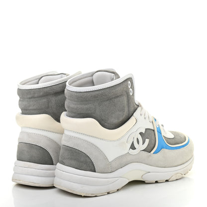 Chanel Suede Calfskin Lambskin High Top CC Sneakers 36 White Grey Fluo Blue 4 of 11
